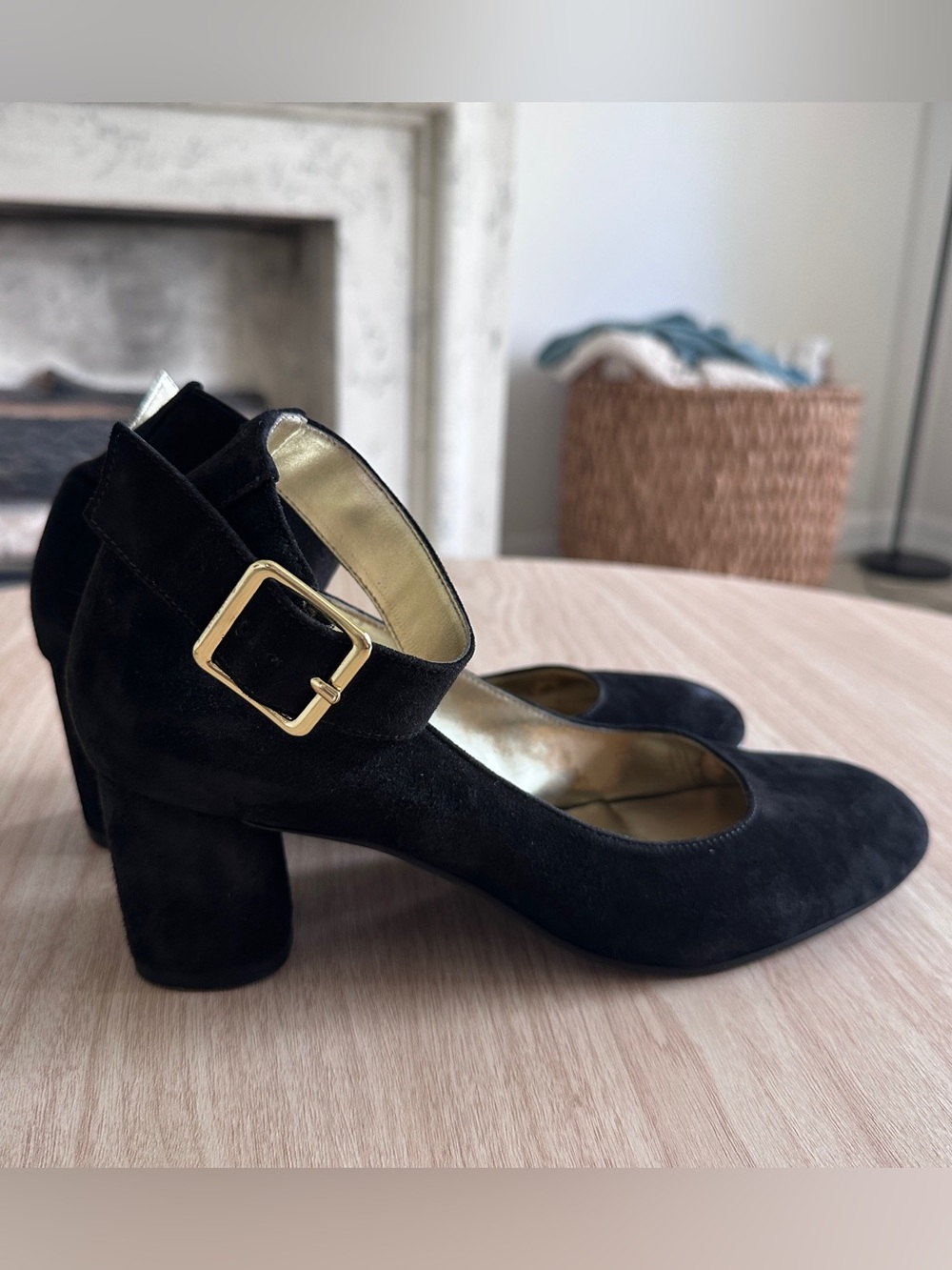 Nine West black suede ankle strap heels size 8 1/2.